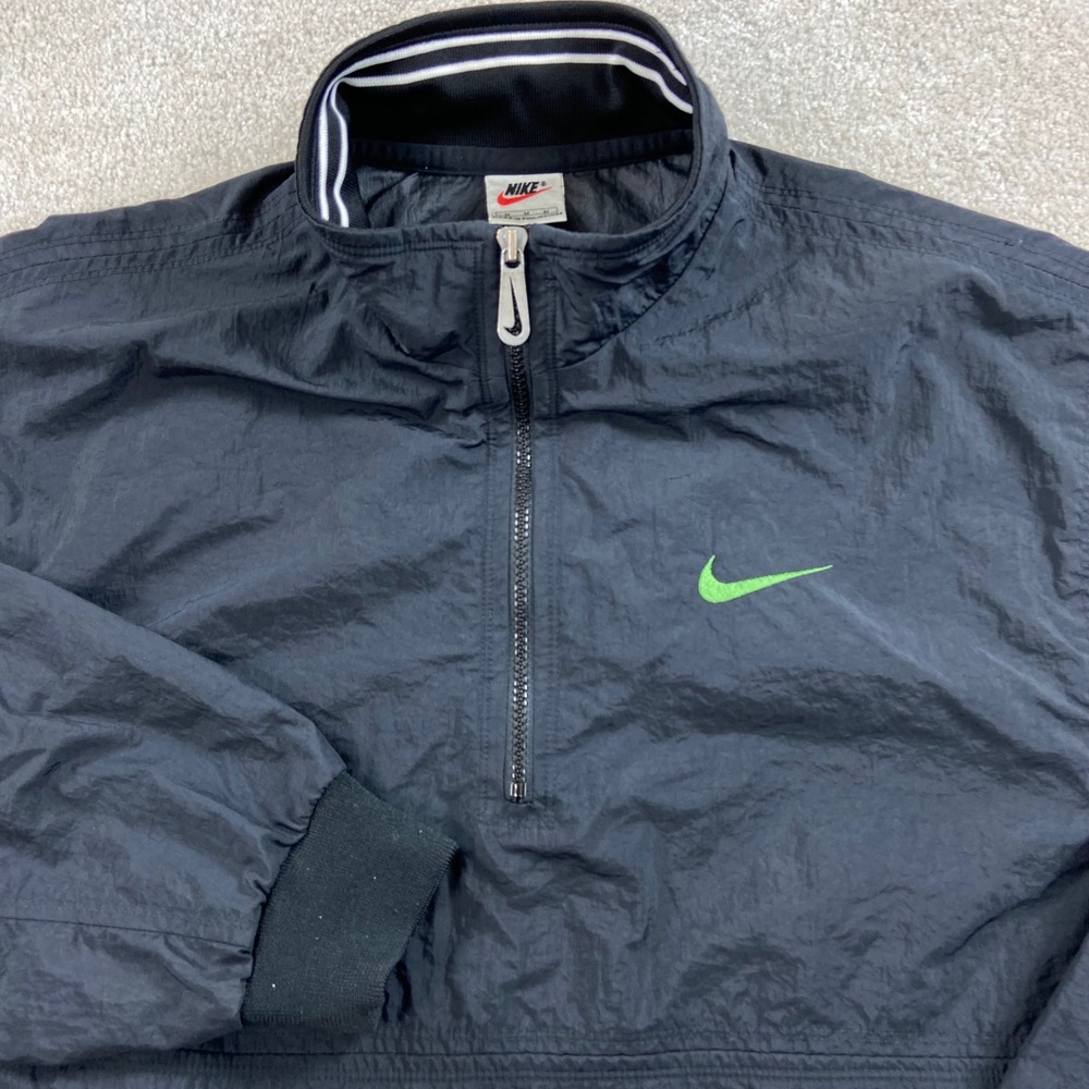 Vintage 90's Nike Windbreaker Pullover Men M Black Green Half Zip Spell Out